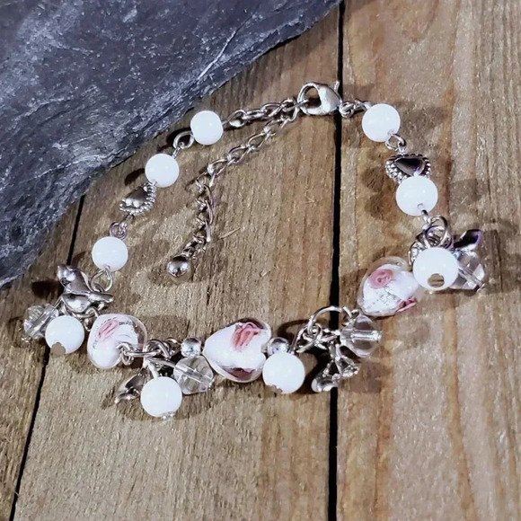 Vintage Murano Glass Beads White Silver Charm Bracelet Style H - Picture 2 of 5
